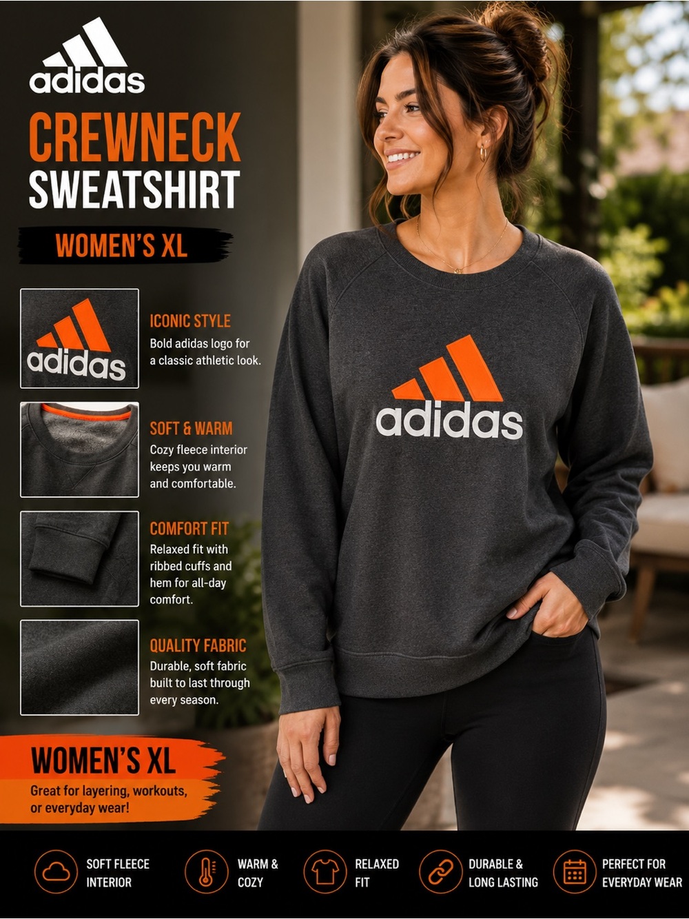 adidas Women's Crewneck Sweatshirt in Charcoal with Orange Logo